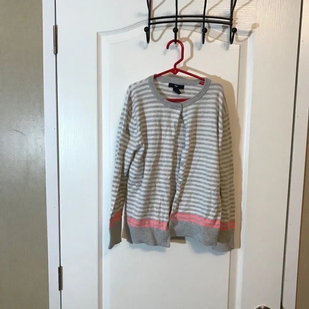 Gap Girls Gray Pink Stripe Cardigan Medium